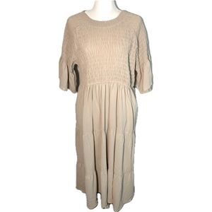 Polagram Cream A-Line Dress with Bishop Sleeves and Crew Neck